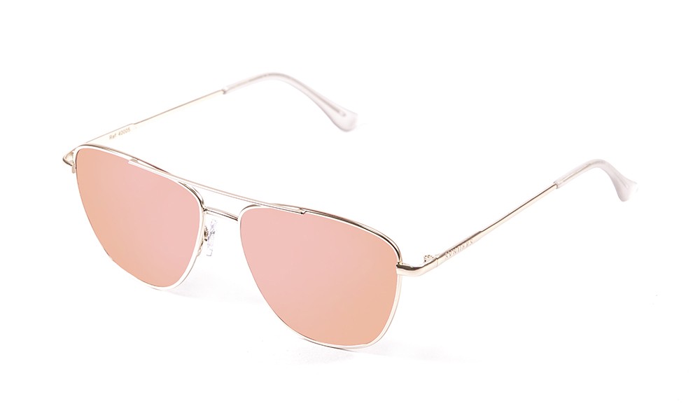 shiny gold metal frame with pink revo flat lens