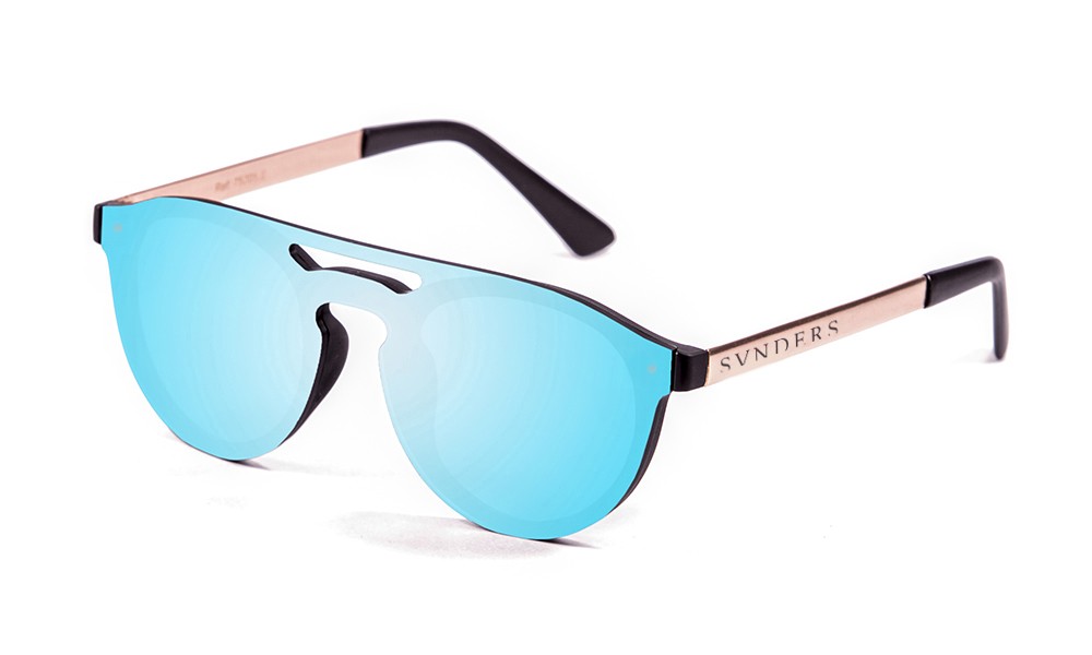 Matte black, metal gold temple, revo sky blue flat